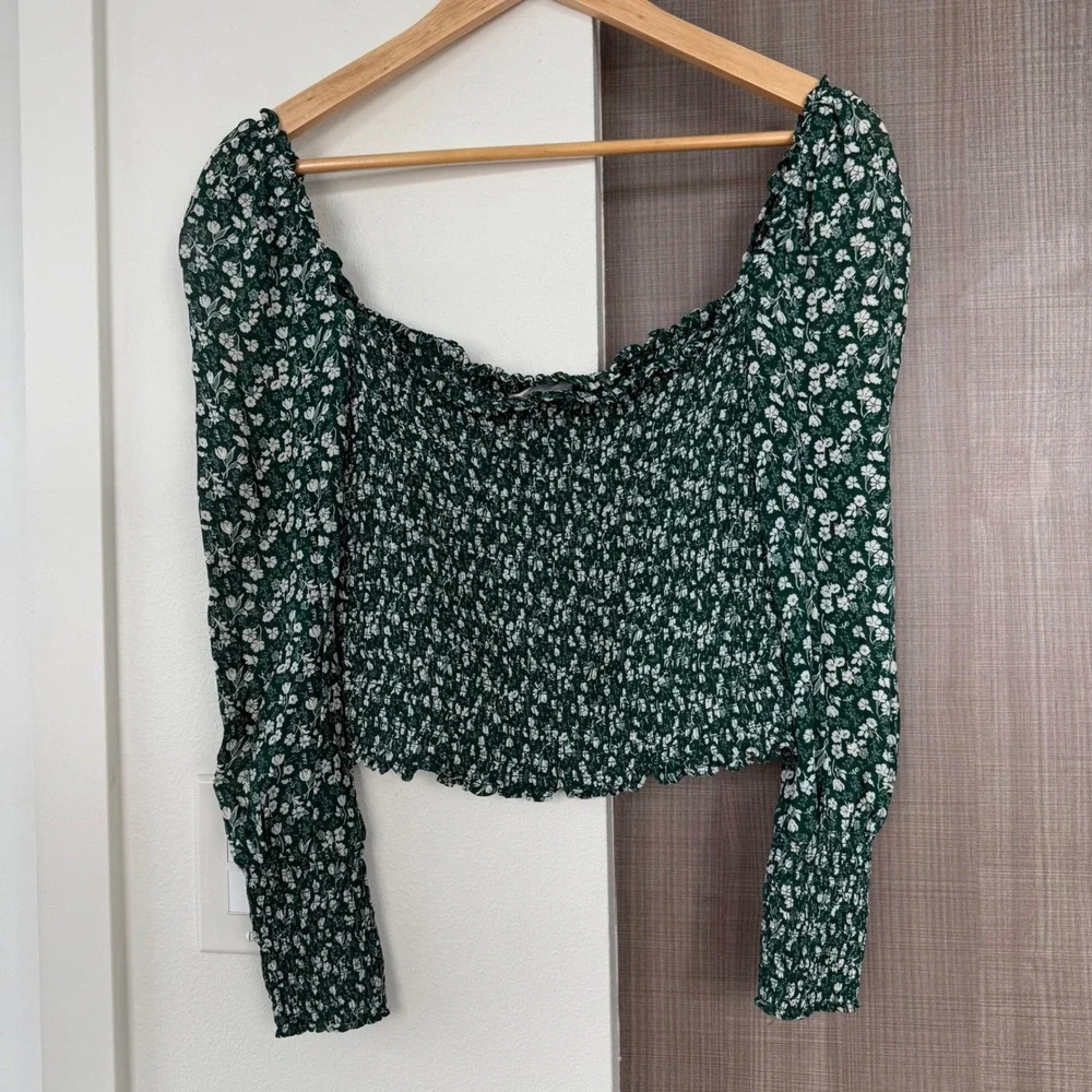 Reformation Green Pinto Top Parsley Floral Print Smocked Blouse Size Medium - Picture 10 of 13